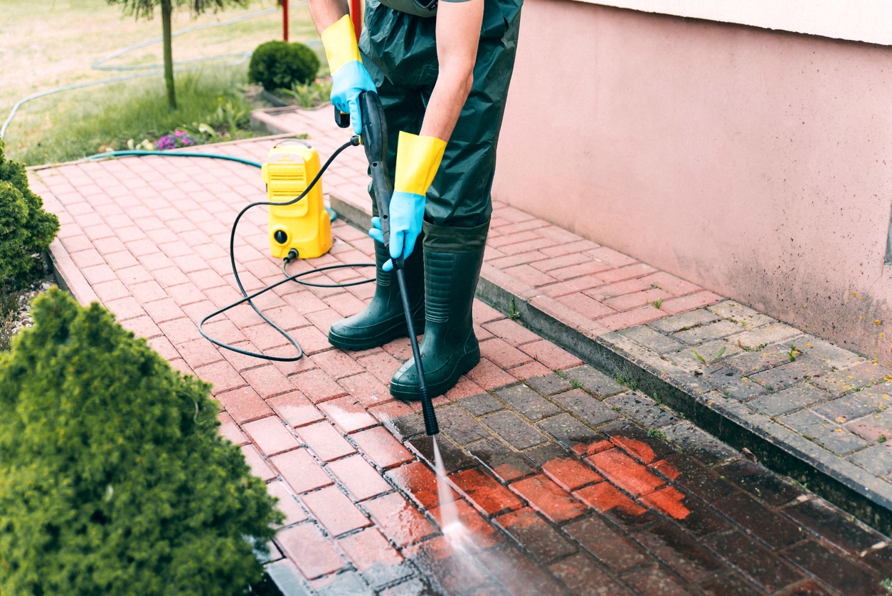 Pressure Washing the pathway of a Newark, CA area business